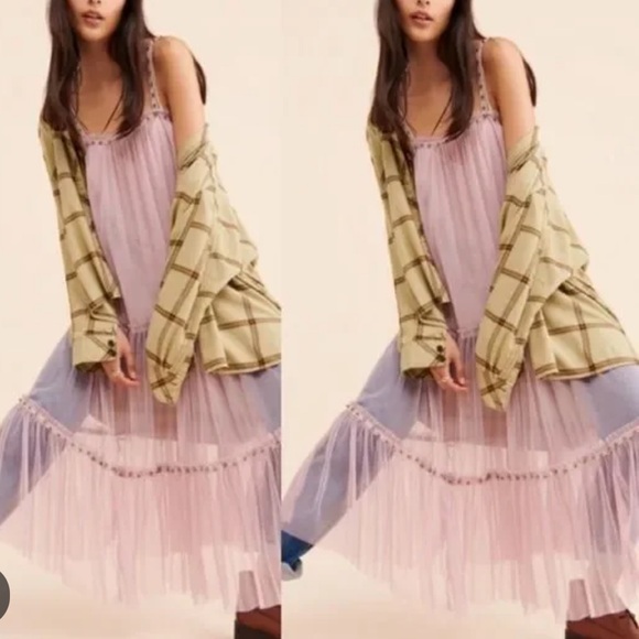 FREE PEOPLE NIGHT OUT SLEEVELESS TULLE MAXI SLIP DRESS SMALL MEDIUM PALE PINK - Picture 2 of 9